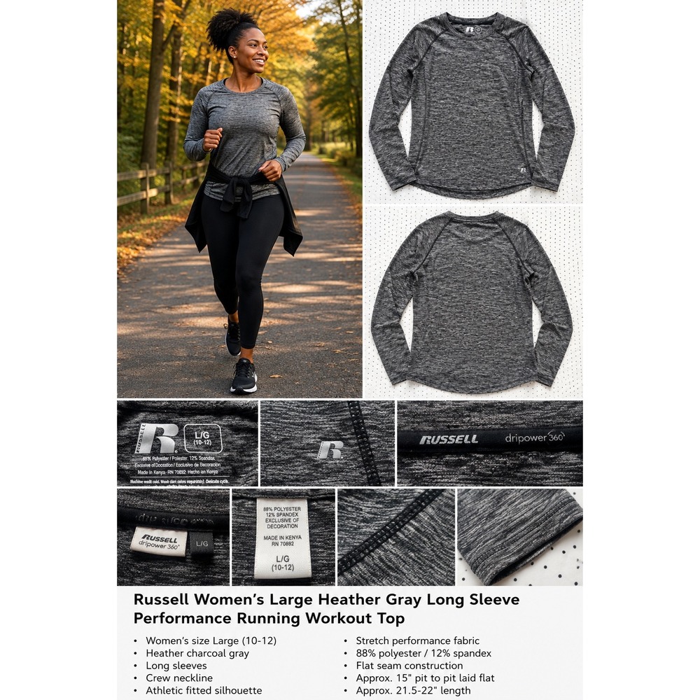 Russell Womens Large Heather Gray Long Sleeve Performance Running Workout Top